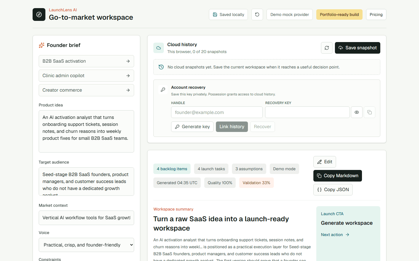 LaunchLens AI desktop workspace showing the go-to-market plan and validation board